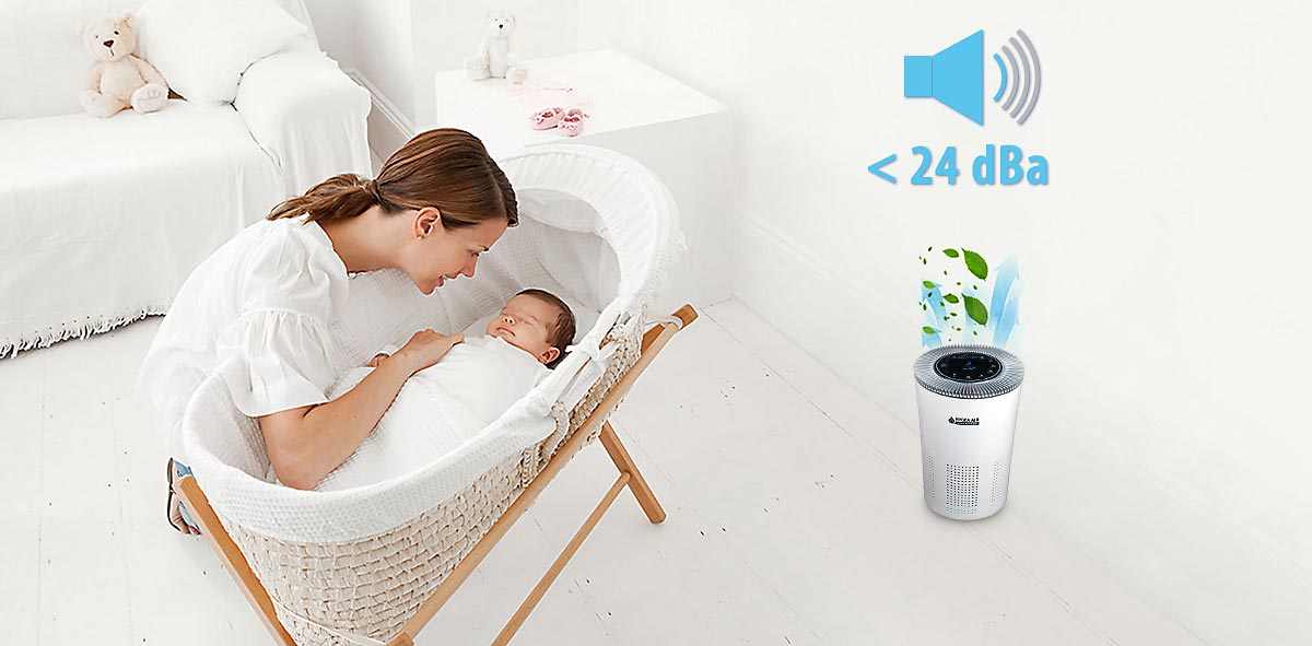 Майка до кошчето на бебето и пречиствател Hygea Air Home, ниво на шум под 24 dBa
