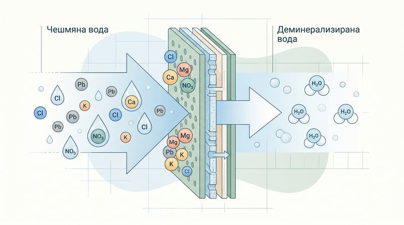 Схема на обратна осмоза: задържа както опасностите, така и полезните минерали като калций, магнезий и калий