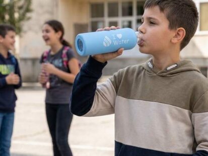 Ученик пие вода от стъклената бутилка Hygea Water в училищния двор