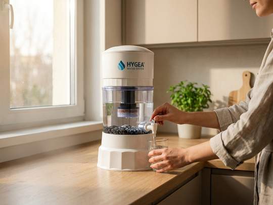 Hygea Water System във варненска кухня, жена налива чаша алкална вода