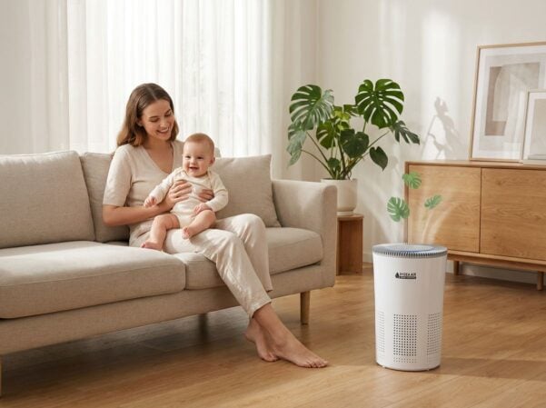 Пречиствател на въздух Hygea Air Home в светла всекидневна с майка и дете