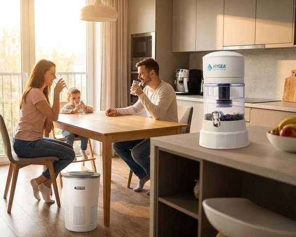 Семейство пие чиста вода у дома с Hygea Water System и пречиствател Hygea Air