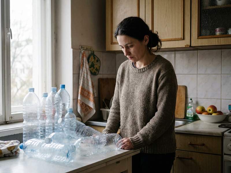 Жена в кухнята гледа плота, отрупан с празни пластмасови бутилки за вода