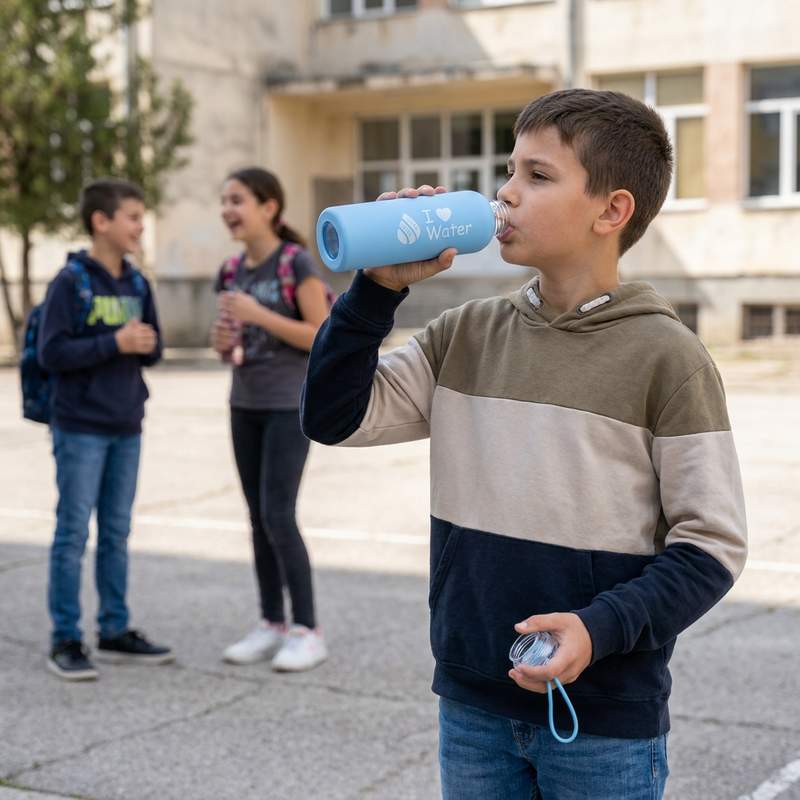 Ученик пие вода от синята стъклена бутилка Hygea Water в училищния двор
