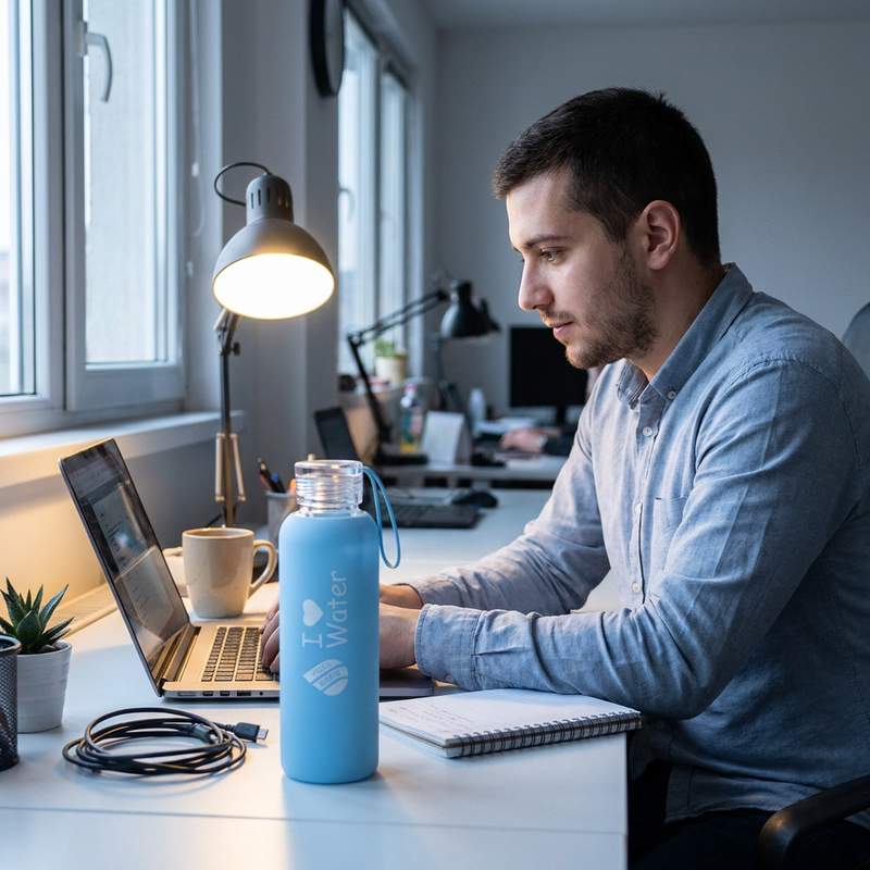 Синята стъклена бутилка Hygea Water на офис бюро до лаптоп