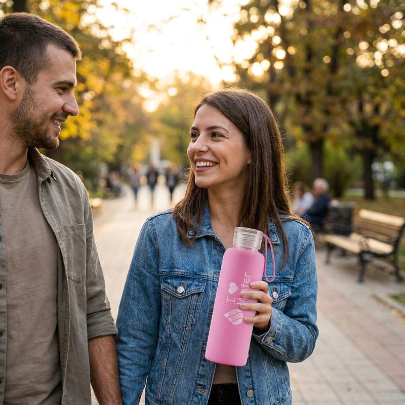 Двойка на разходка в парка с розовата стъклена бутилка Hygea Water