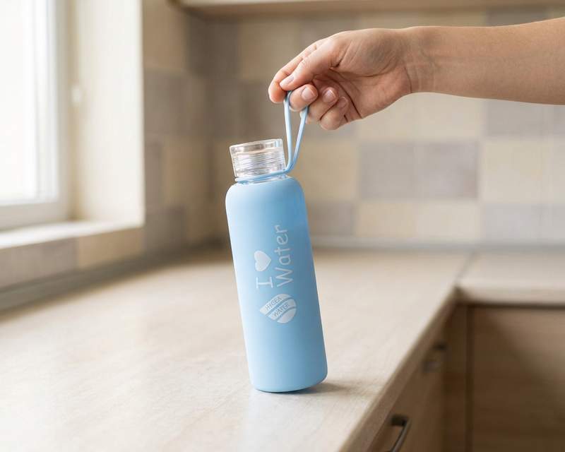 Ръка държи една стъклена бутилка Hygea Water над празен кухненски плот