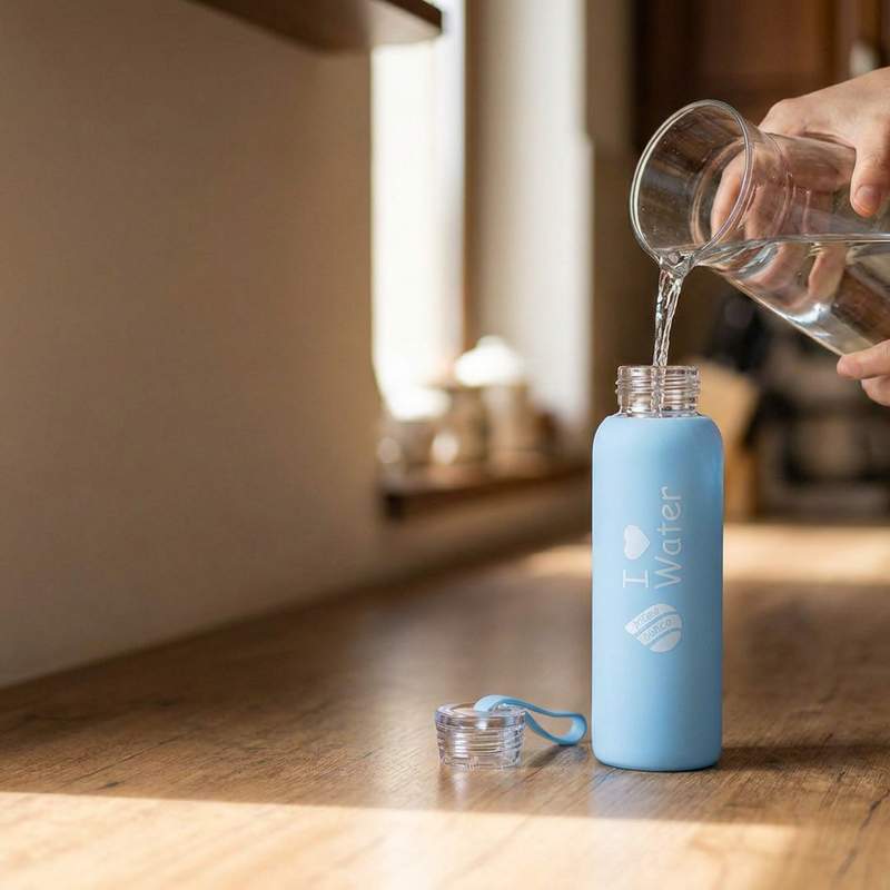Наливане на вода от стъклена кана в синята стъклена бутилка Hygea Water на кухненския плот