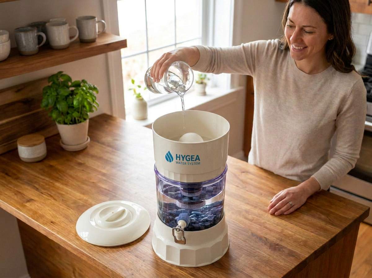Наливане на вода в горния съд на Hygea Water System на кухненски плот