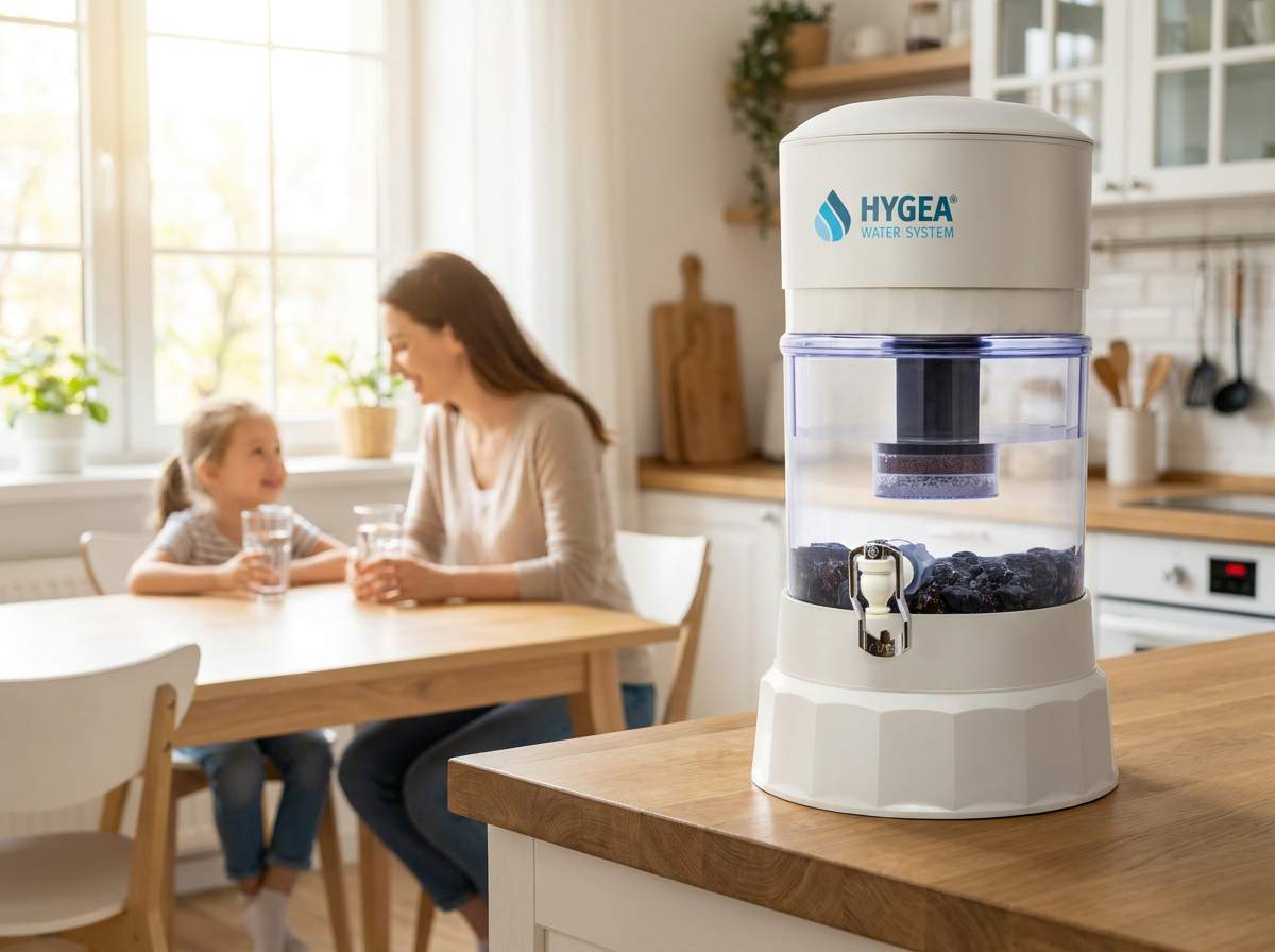 Майка и дете пият чиста вода на масата, а Hygea Water System стои на кухненския плот