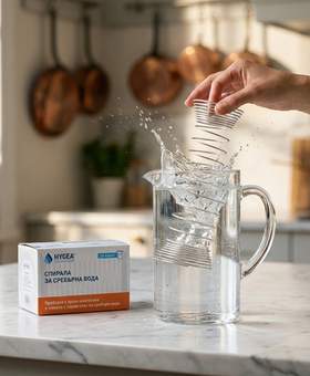 Сребърна спирала Hygea Silver Water потапяна в кана с филтрирана вода